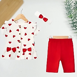 Kalp Desen Saç Bantlı 3 Parça Yazlık Takım