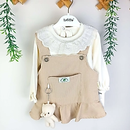 Güpür Detaylı Salopet Elbise Takımı / Oyuncak Hediyeli