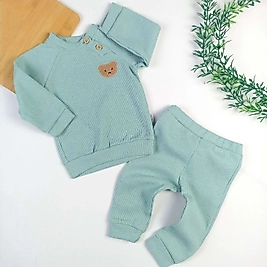 Düğmeli Bear Waffle Kumaş Takım