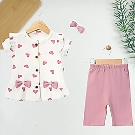 Kalp Desen Saç Bantlı 3 Parça Yazlık Takım