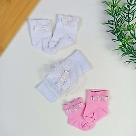 3 Parça Saç Bantlı Yenidoğan Çorap seti